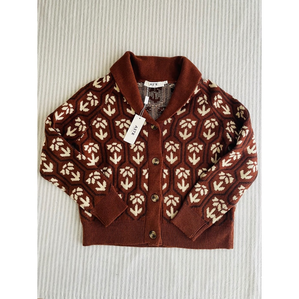 ASTR The Label Marcenia Cardigan Brown Floral Wool Blend Shawl Collar Sweater S